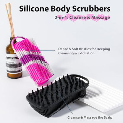 MtBoi 2 PC Silicone Body Scrubber, 2 in 1 Exfoliating Shower Bath Scrubber, Soft Silicone Loofah for Sensitive Skin, Shower Hair Scalp Massager, Easy to Clean, Lather Well (Grey&Black)