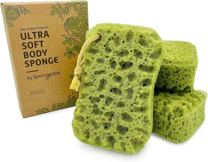 Spongentle Loofah Sponge for Shower and Bathing, Bath Sponge with Dual Texture, Shower Pouf for Gentle and Deep Exfoliation, Large Size Body Scrubber for Men & Women, PU Foam, 37% More Lather, 3 Pack