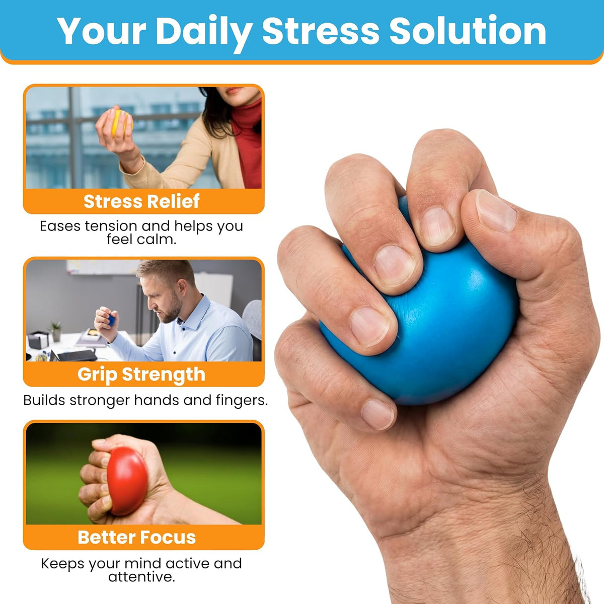 FlintRehab Premium Hand Exercise Balls - Set of 4 for Carpal Tunnel Stress/Pain Relief, Stress Balls for Kids & Adults, Squeeze Balls for Hand Therapy/Arthritis - Hand Squeezers for Strength
