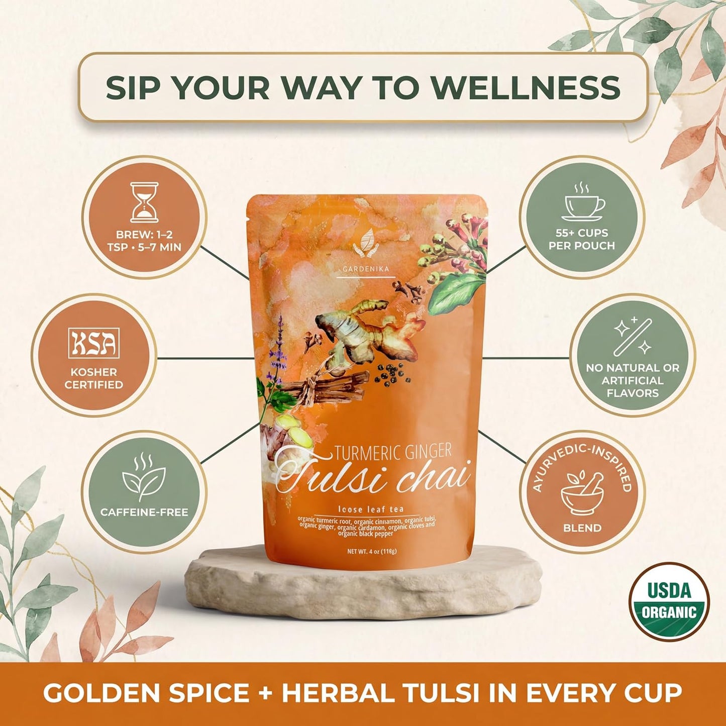 Gardenika Organic Loose Leaf Tea Sampler – 8 Pack, 1 LB – Herbal and Naturally Caffeine-Free Set - Ayurvedic Assortment Blend
