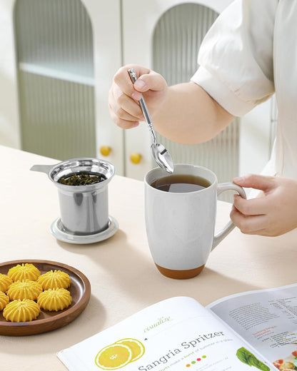 MALACASA Ceramic Tea Mug with Lid and Stainless Steel Infuser, 18 oz Large Tea Cup for Loose Leaf Tea, Heat-Resistant, Microwave & Dishwasher Safe, Speckled Glaze Coffee & Tea Brewer Mug, Khaki White