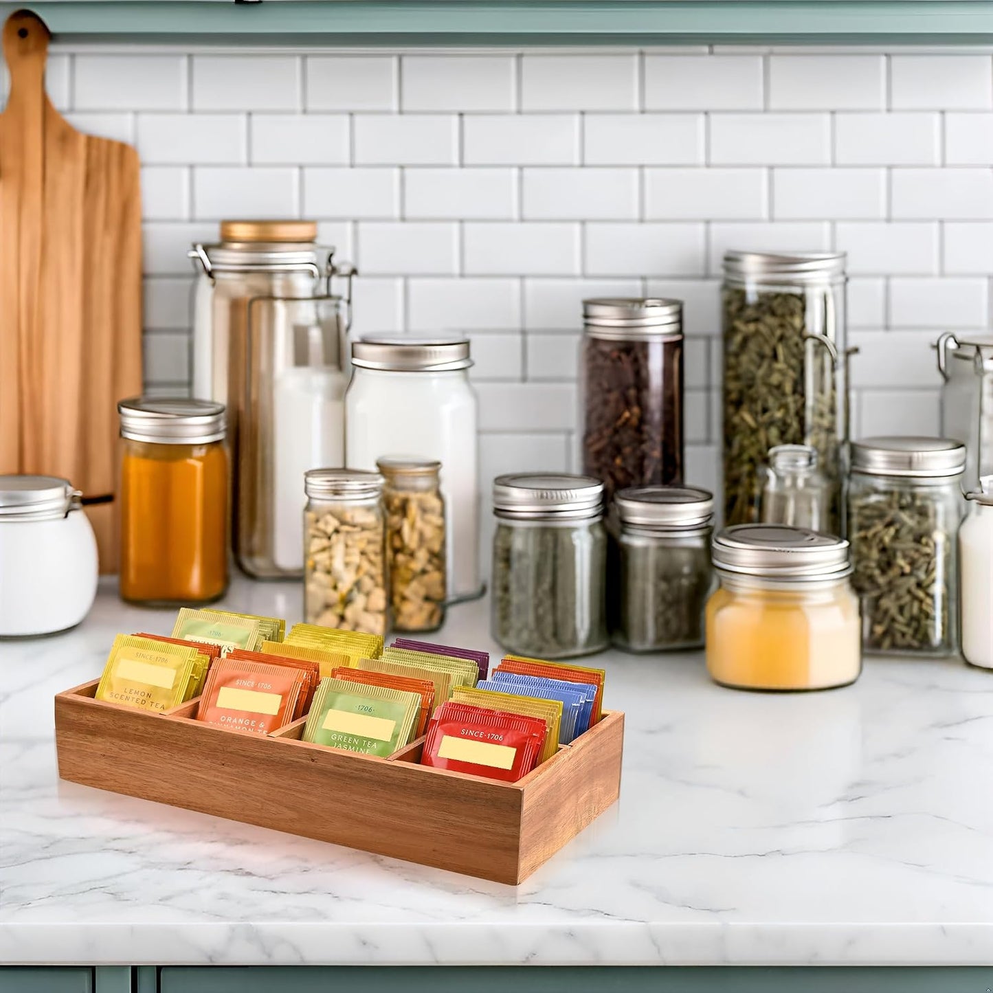 Acacia Wood Tea Bag Organizer with 8 Slots – Tea Bag Holder and Tea Organizer, Sugar Packet Storage for Countertops