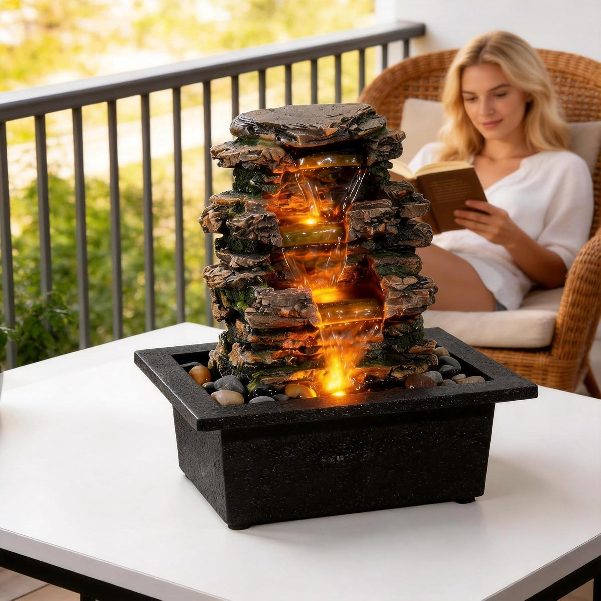 MAOCHI Tabletop Waterfall Fountain with LED Light, Indoor Zen Relaxation Desktop Water Feature with Automatic Silent Pump & Natural Stones, Desk Fountain for Home Office Decor, Stress Relief Gift