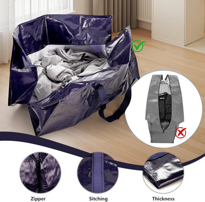 Moving Bags Heavy Duty 210GSM with Full-Open Side Zipper, 93L 220lbs Waterproof Foldable Storage Totes for College Dorm Move-In, Moving Boxes Alternative & Home Organization, Blue