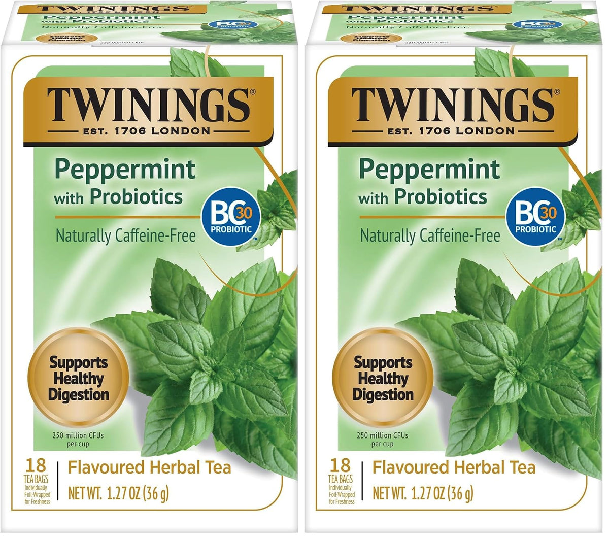 Twinings Superblends Probiotics+ Peppermint & Fennel Herbal Tea, 250 Million CFUs per Cup, 18 Tea Bags (Pack of 2), Naturally Caffeine-Free, Enjoy Hot or Iced