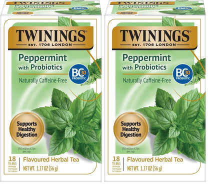 Twinings Superblends Probiotics+ Peppermint & Fennel Herbal Tea, 250 Million CFUs per Cup, 18 Tea Bags (Pack of 2), Naturally Caffeine-Free, Enjoy Hot or Iced