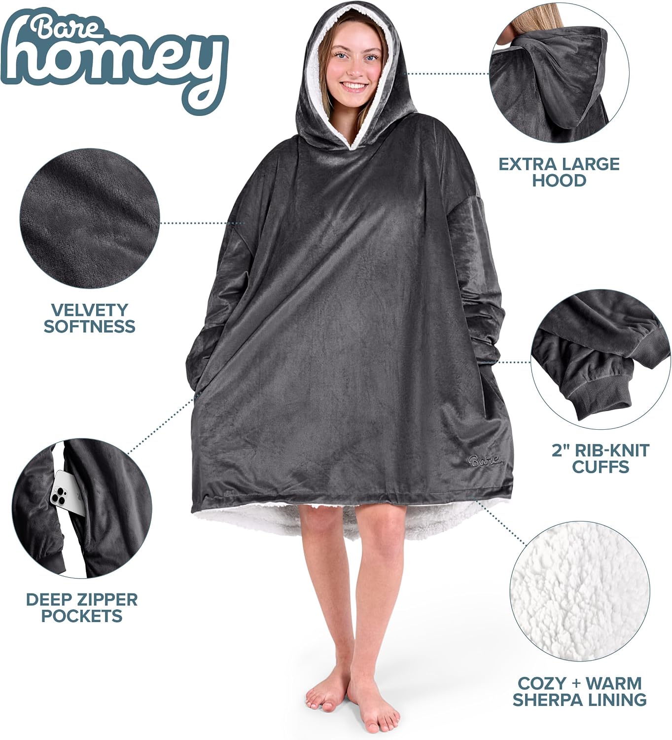 Bare Home Wearable Blanket Hoodie - Soft Plush Sherpa - Warm and Cozy - Oversized Wearable Blanket