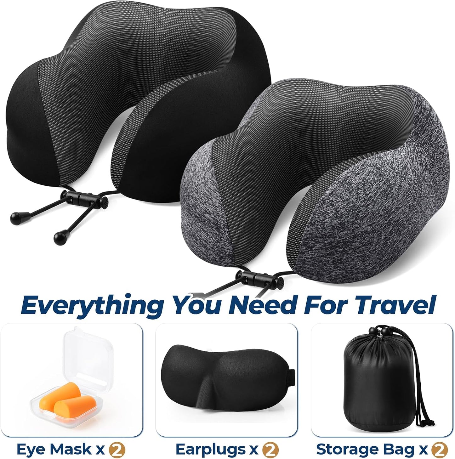 ExploreBliss Travel Pillow, Travel Pillows for Sleeping Airplane, Neck Pillow Airplane, Memory Foam Neck Pillow Set with Eye Mask, Earplugs and Storage Bag -Grey