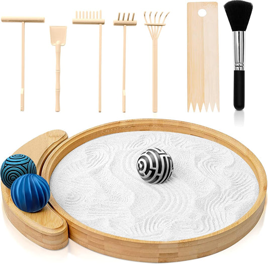 Japanese Zen Garden Kit for Desk | 9.5" Bamboo Sand Tray | 3 Resin Stamp Spheres | Meditation Accessories | 6 Mini Garden Rake | Decor Gifts