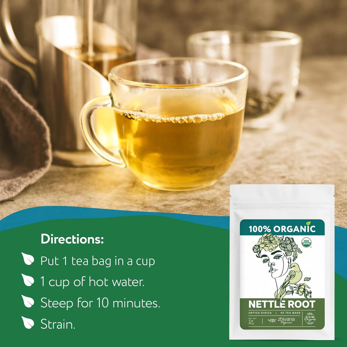 Organic Nettle Root Tea (40 Bleach-Free & Microplastic-Free TeaBags) - Men’s Health - Prostate, Hormones
