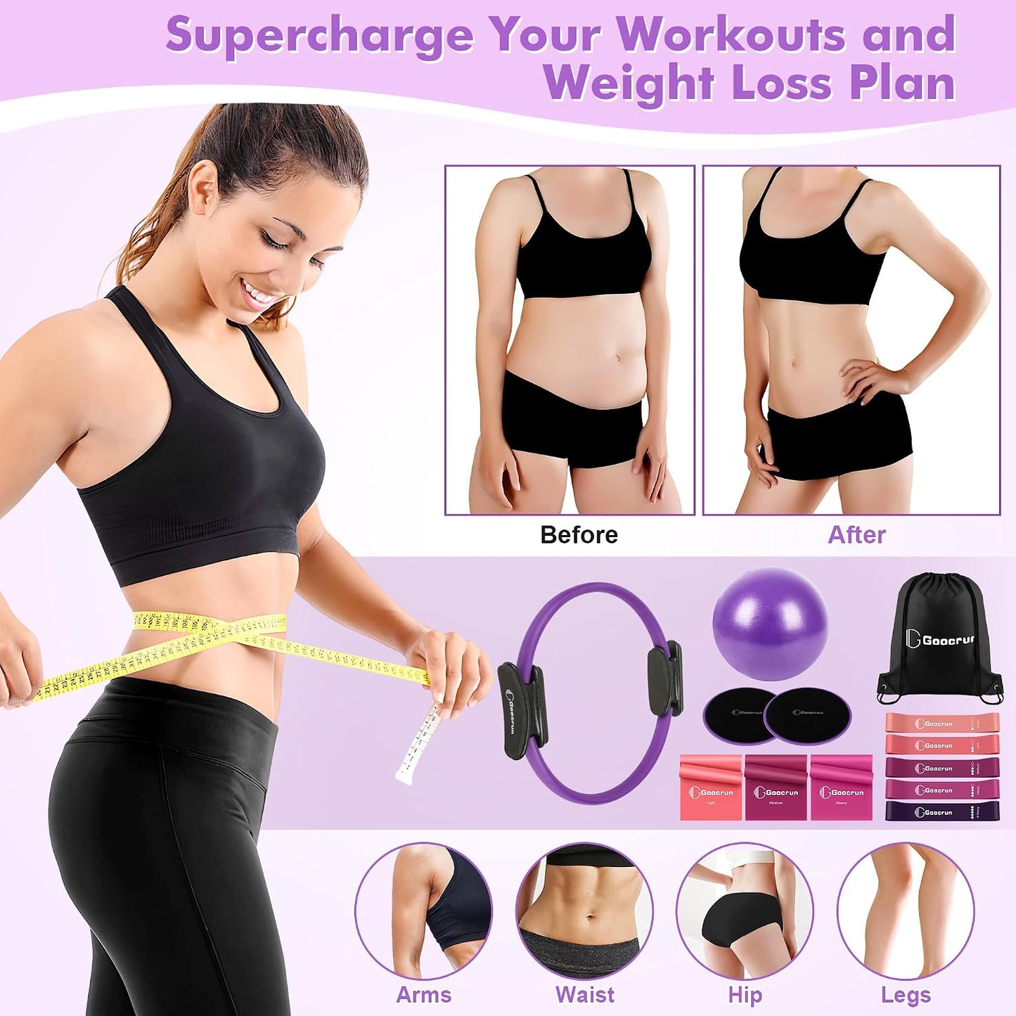 Goocrun Pilates Ring Set Exercise Equipment, with Exercise Resistance Bands Set, Pilates Ball, Sliding Disks. Portable Home Gym - with Fitness Guide Poster