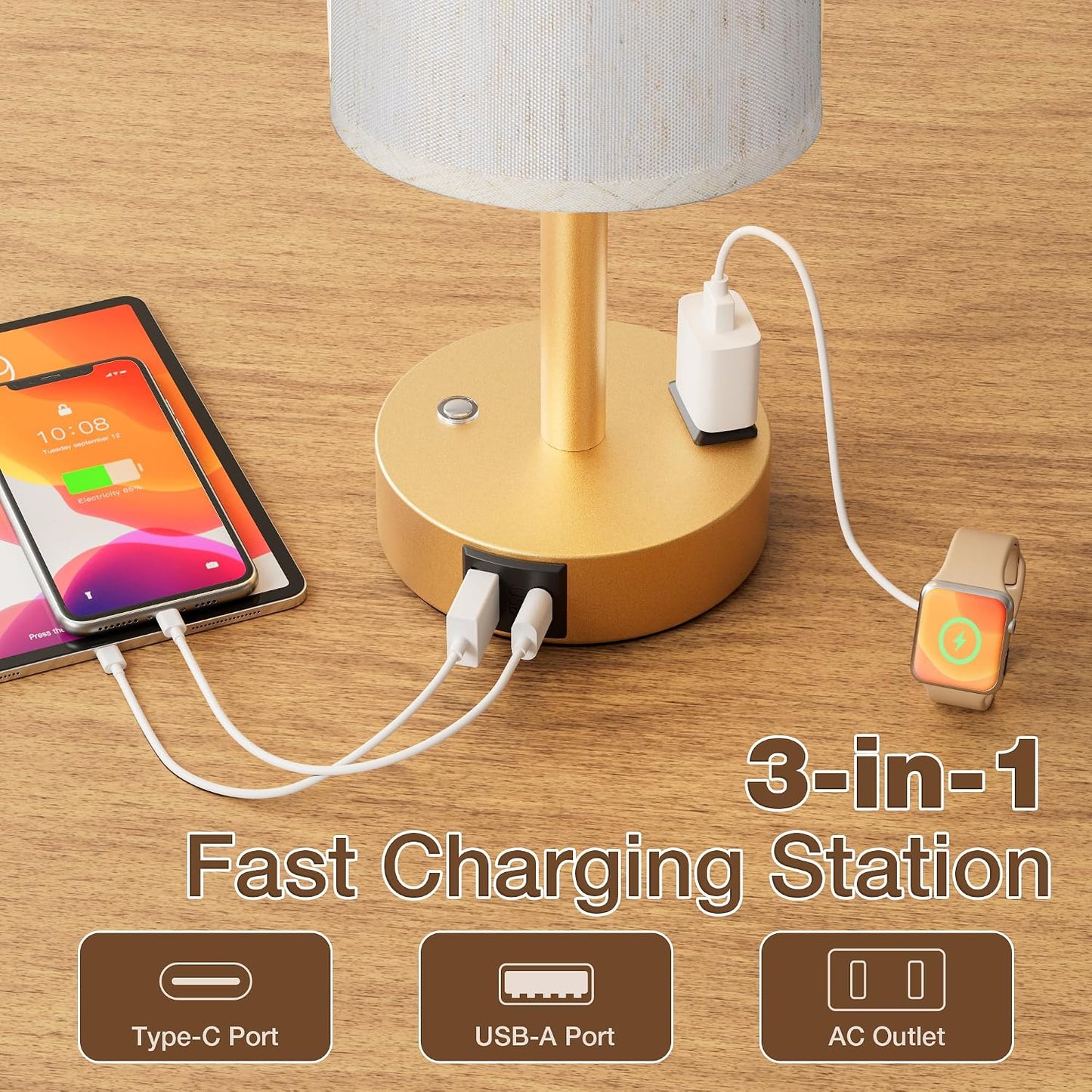 Touch Bedside Table Lamp with Memory - Stepless Dimmable Lamp for Bedroom, Small Nightstand Lamp with Dual USB Charging Ports and AC Outlet, Wood Night Light, Desk Lamp for Nursery, Living Room, Dorm