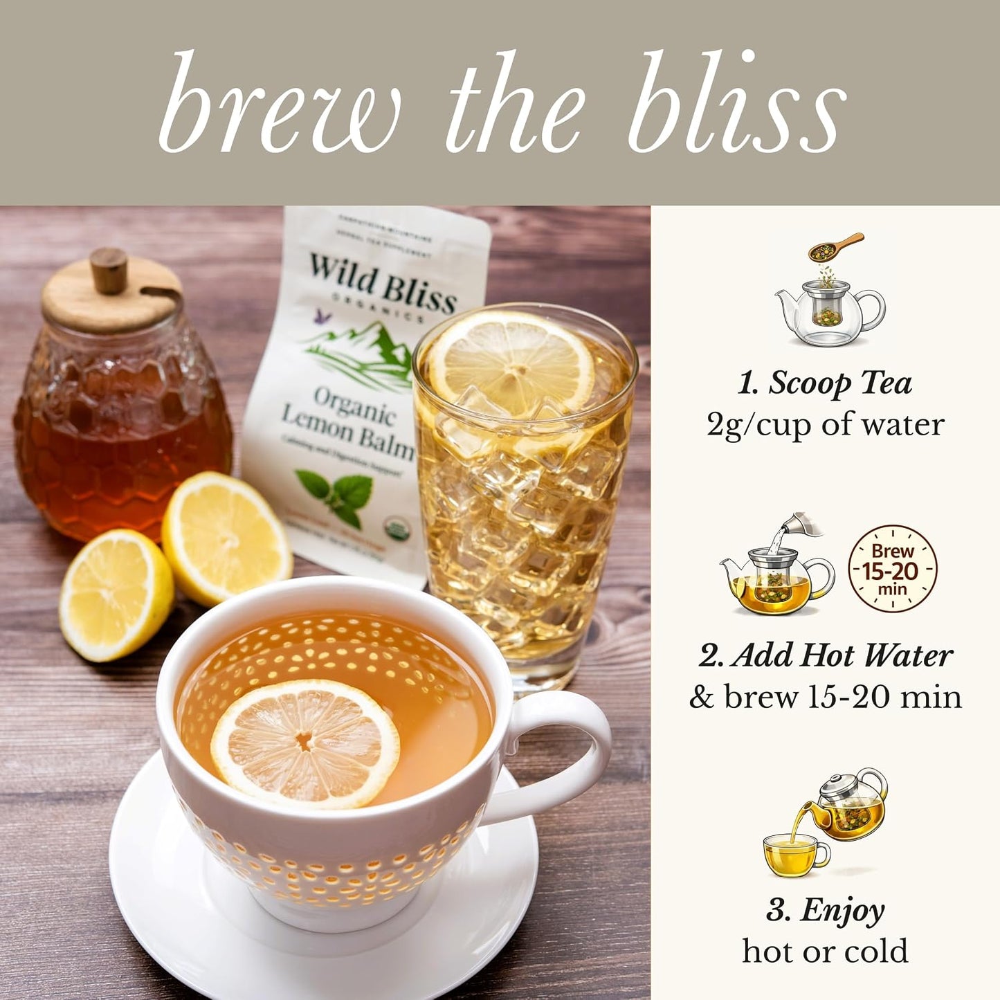 Organic Lemon Balm Tea - Caffeine Free Loose Leaf Herbal Tea - Pharmacopoeia Potency - 25 Servings