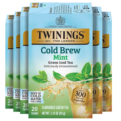 Twinings Mint Green Cold Brew Iced Tea Bags, 20 Count (Pack of 6), Unsweetened Flavoured Green Tea, Caffeinated, 120 Teabags