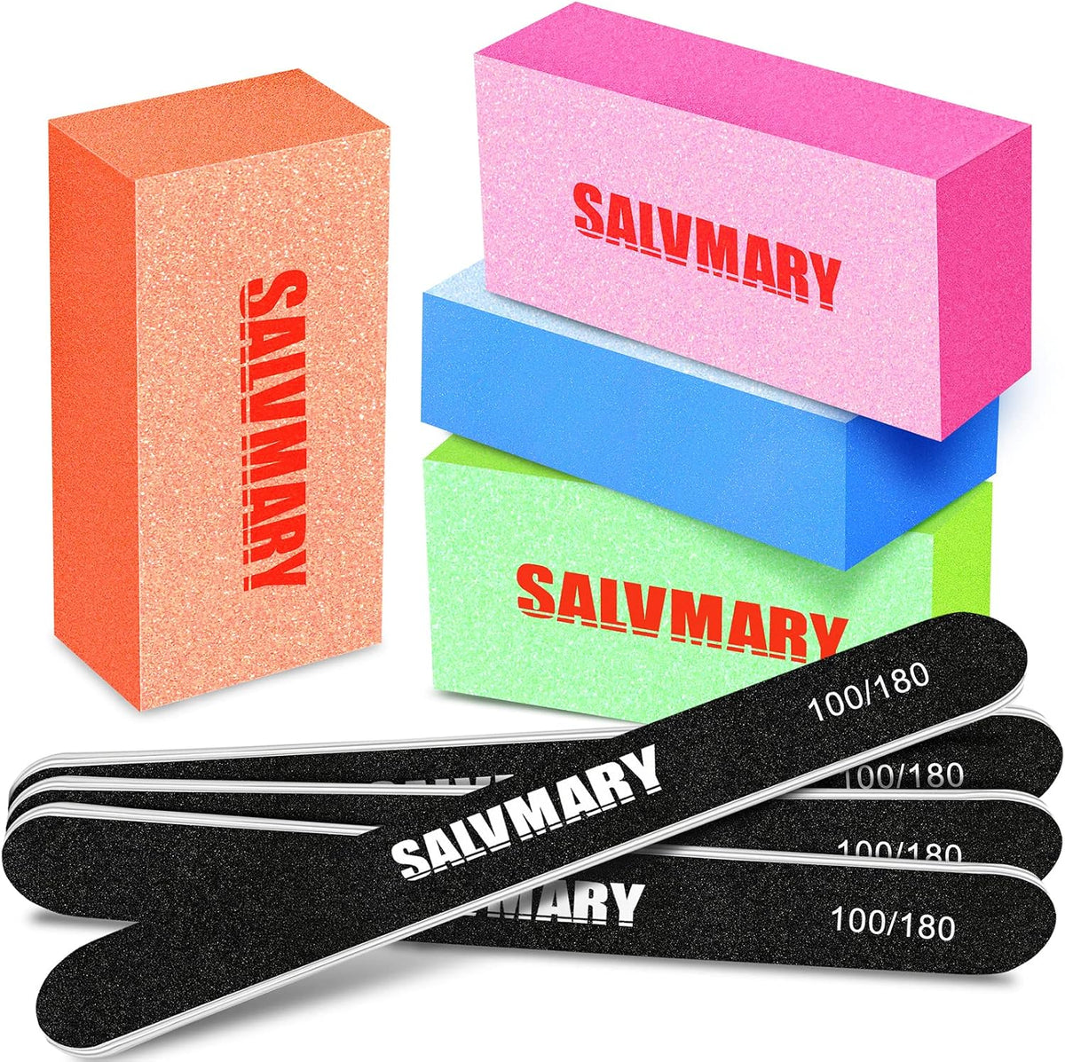 SALVMARY 100/180 Grit Nail File and 80/100 Grit Nail Buffer Block Set 8 Pcs