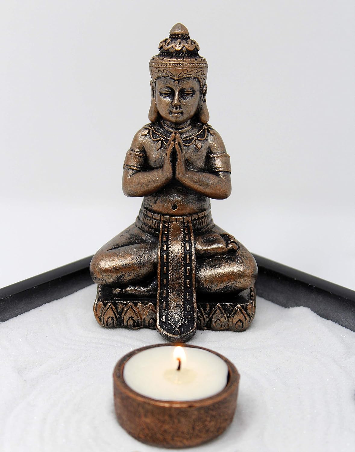 Nature's Mark Mini Zen Garden Kit for Desk with Rake, White Sand, Lotus Figure, 3 Sections Black Square Base, River Rocks and Black Rocks (9Lx9W C)