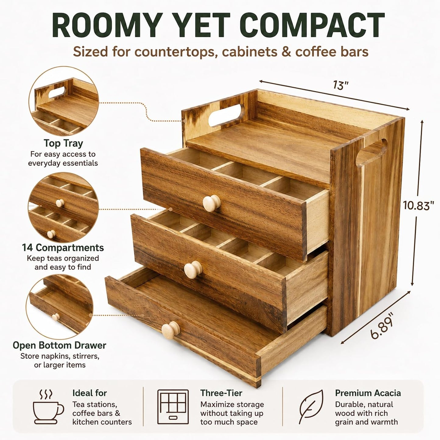 Acacia Wood Tea Bag Organizer, 3-Tier Tea Organizers with 14 Compartments