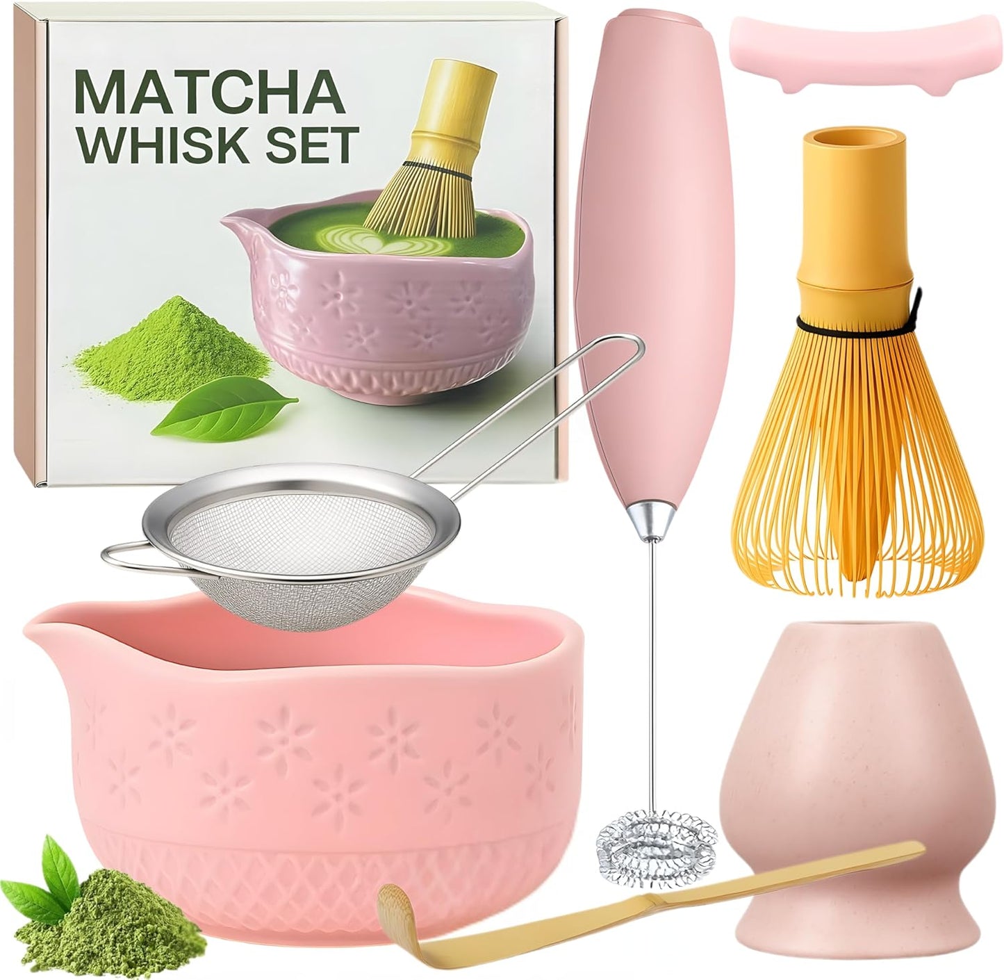 Matcha Whisk Set with Matcha Bowl - Matcha Set Included Electric Frother, Bamboo Whisk, Matcha Spoon, Bamboo Holder, Sifter, Spoon Stand (Mottled Green)