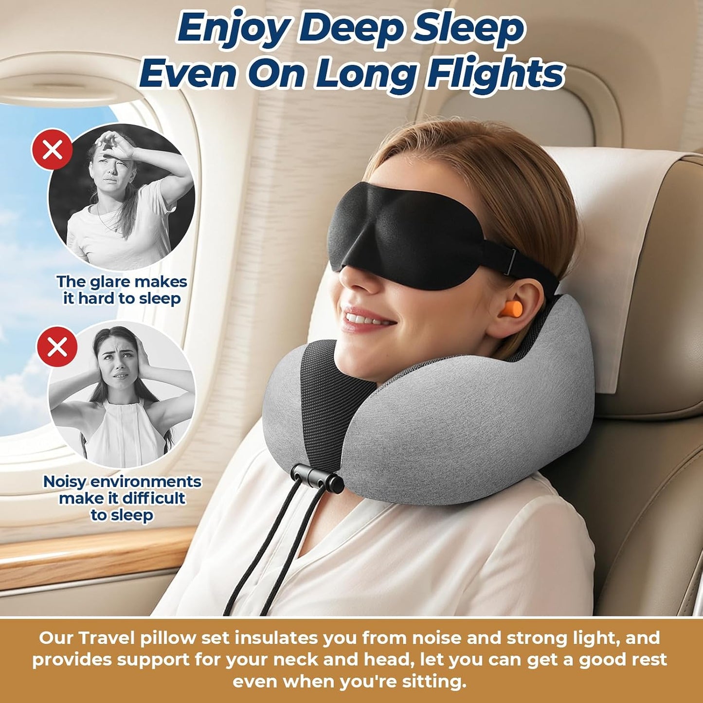 ExploreBliss Travel Pillow, Travel Pillows for Sleeping Airplane, Neck Pillow Airplane, Memory Foam Neck Pillow Set with Eye Mask, Earplugs and Storage Bag -Grey
