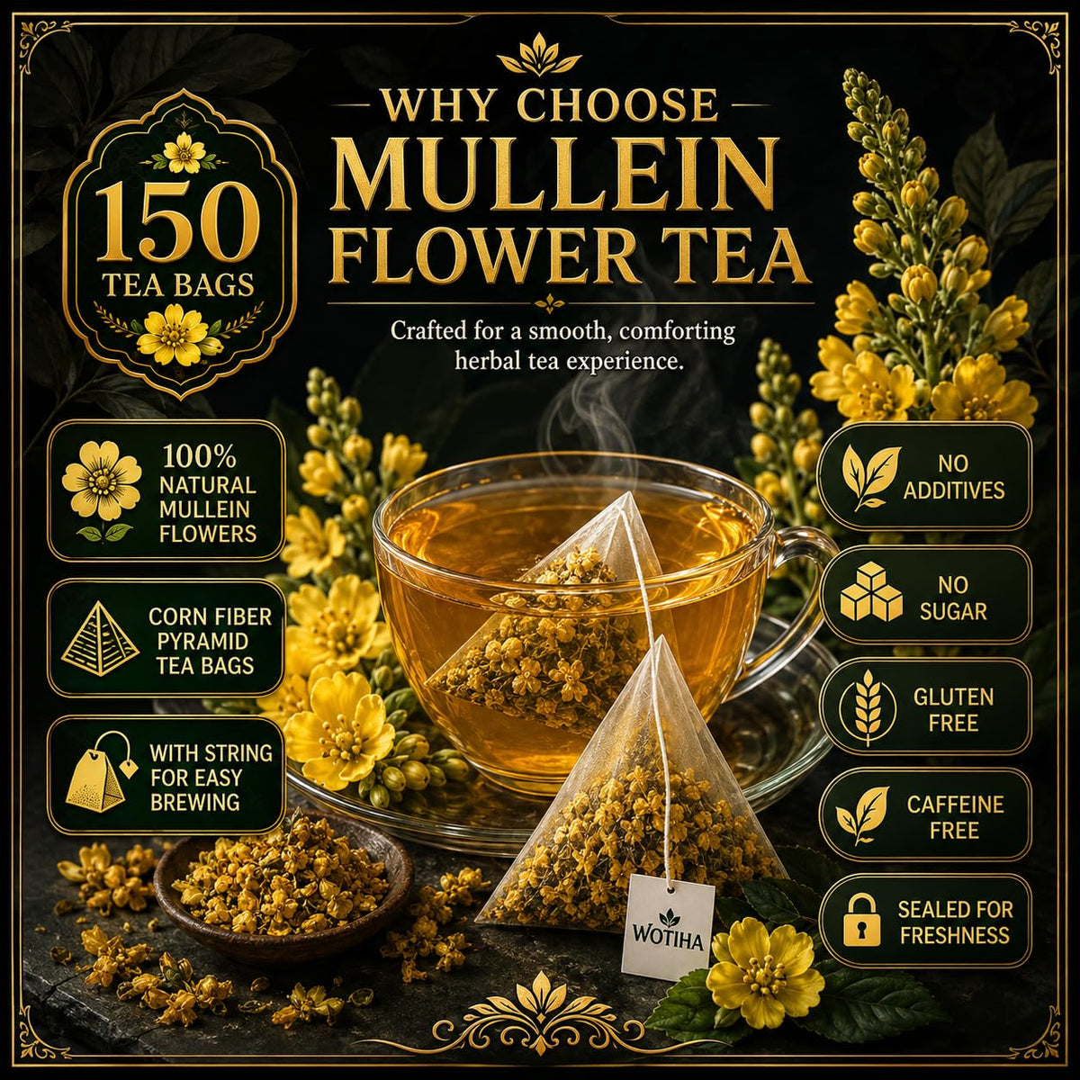 WOTIHA Mullein Leaf Tea Bags 150 Ct - Pure Herbal Tea for Lung Health