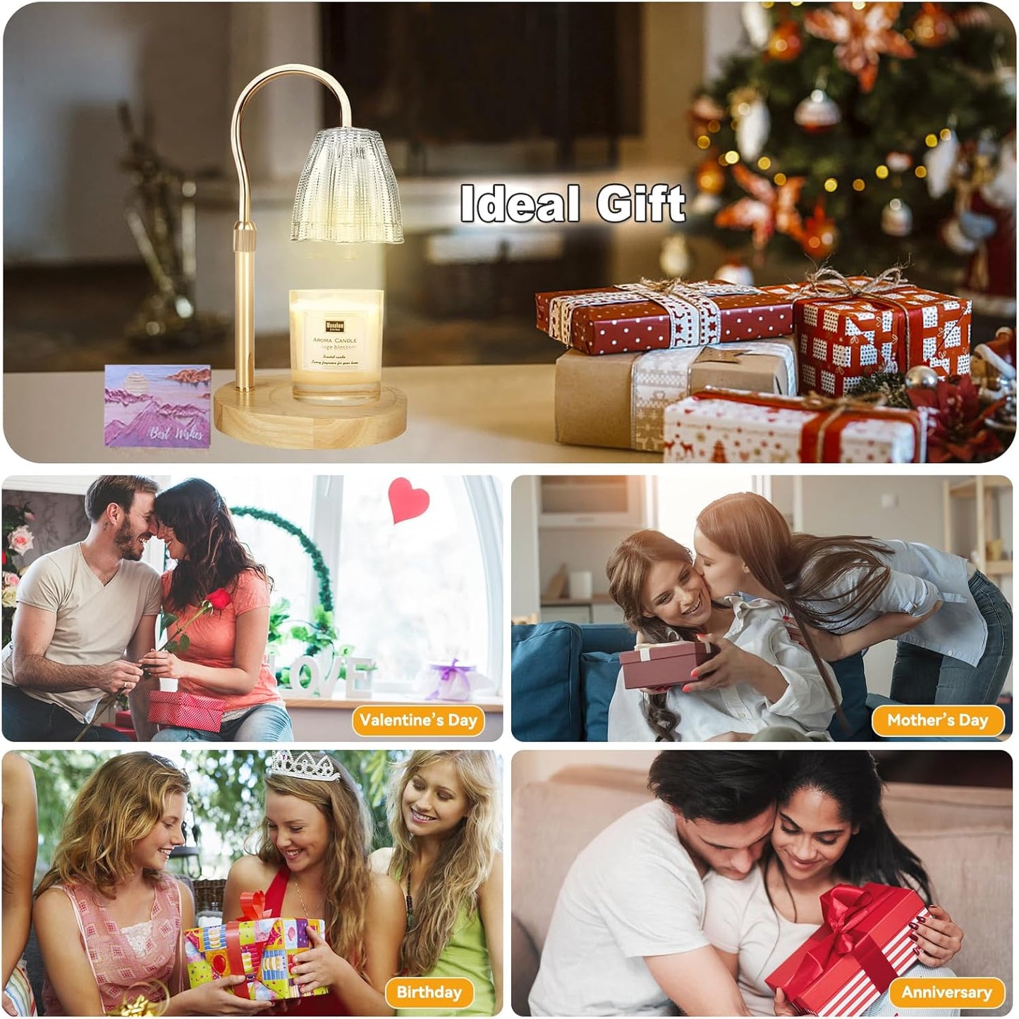 Candle Warmer Lamp with 3 Bulbs, Adjustable Height Dimmable Candle Warmer with Timer, Candle Lamp with Charming Gift Box Ribbon,Birthday Gifts for Women Mom, House Warming Gifts New Home Decor