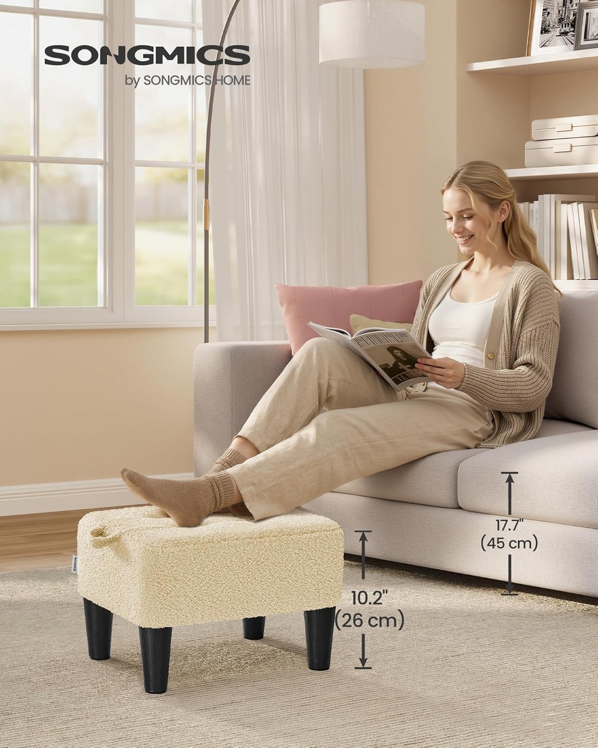 SONGMICS Foot Stool with Legs, Small Footstool Ottoman, Linen-Look Fabric Seat with Thick Cushion, for Living Room, Bedroom, Entryway, 330 lb Weight Capacity, Dark Gray ULOM502G01