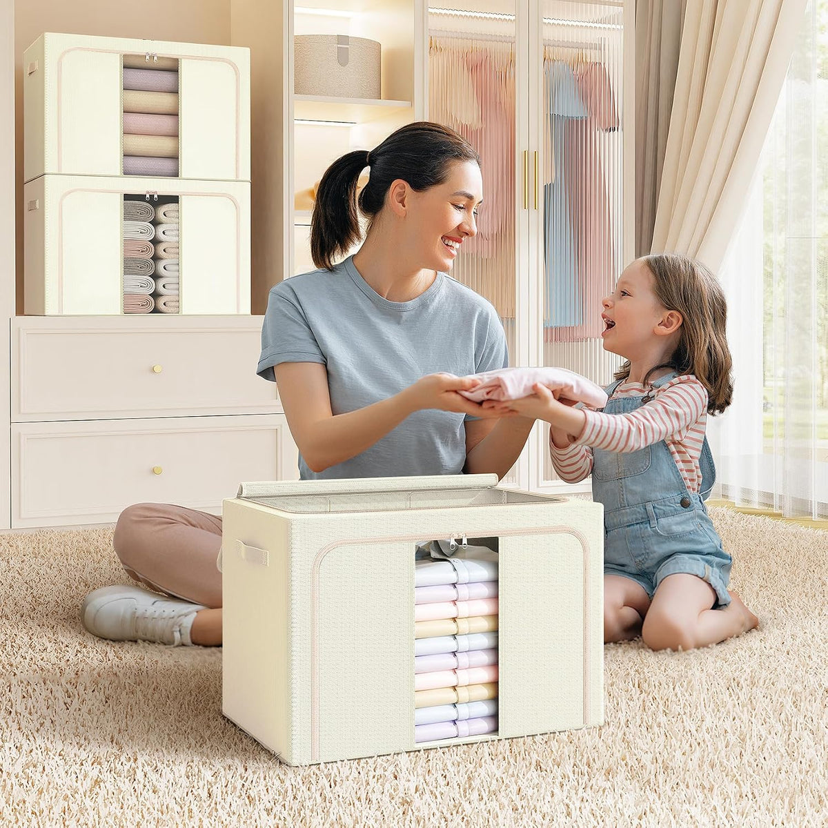 Clothes Storage Bins with Metal Frame Foldable Storage Box Clothes Organizers Storage Containers for Clothes Sheets Blankets Books Toys Gifts and Holiday Decorations (66Lx3 Pack)