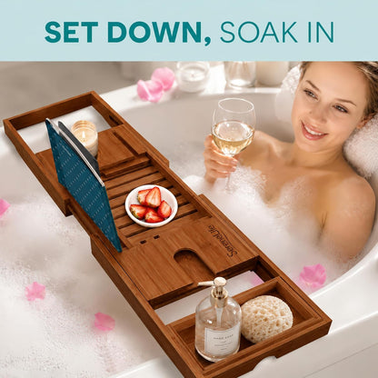 SereneLife 2 in 1 Bed and Bath Tray - Foldable Bamboo Bathtub Caddy with Adjustable Length, Non-Slip, Device Holder, Wine Glass Slot, Expandable for Comfortable Bathing, Natural, Folding Set