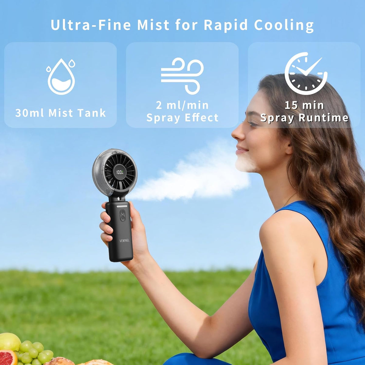 VEWINGL Portable Misting Fan, 110° Foldable Handheld Fan, 5 Speed