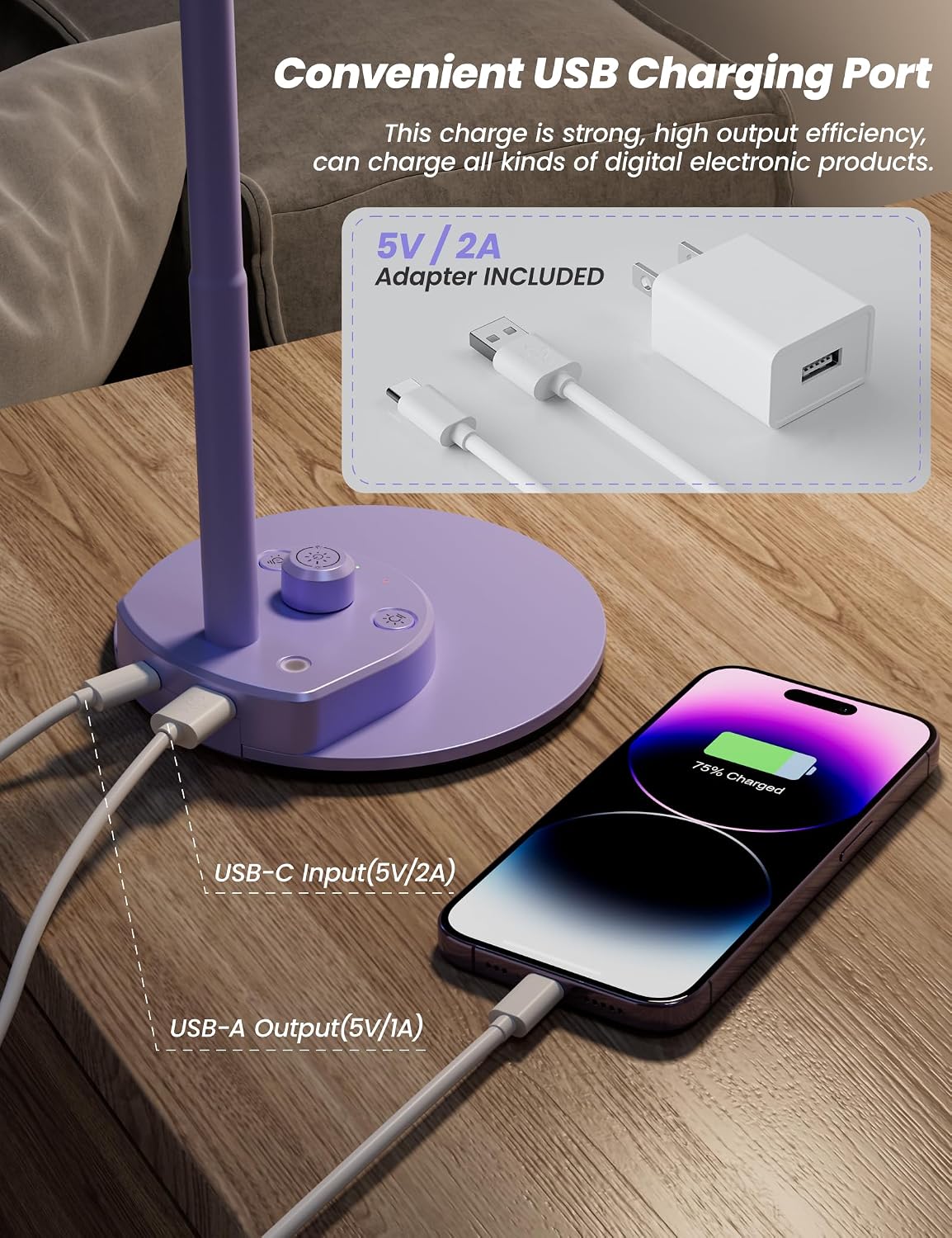 BOHON LED Desk Lamp with USB Charging Port 3 Color Modes Dimmable, Black