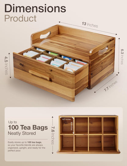TINAMO Acacia Wooden Tea Box Organizer with Drawer for Tea & Coffee Storage