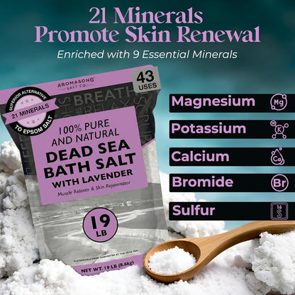Aromasong Dead Sea Salt - Spa Bath Salt - 19 Lbs Fine Grain Bulk - 100% Pure - Better Absorbing Than Epsom Salt - Soak for Women & Men for Skin Issues and to Relax Tired Muscles - Resealable Pack.