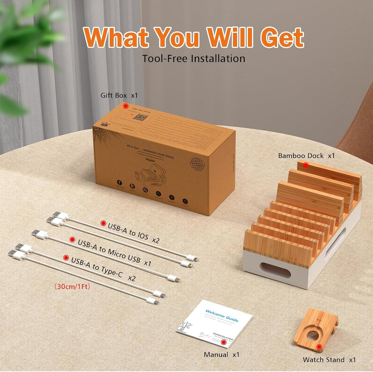 Pezin & Hulin Bamboo Charging Station with 5 Cables-Natural Bamboo