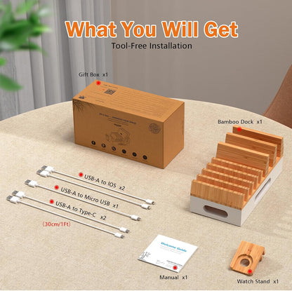 Pezin & Hulin Bamboo Charging Station with 5 Cables-Natural Bamboo