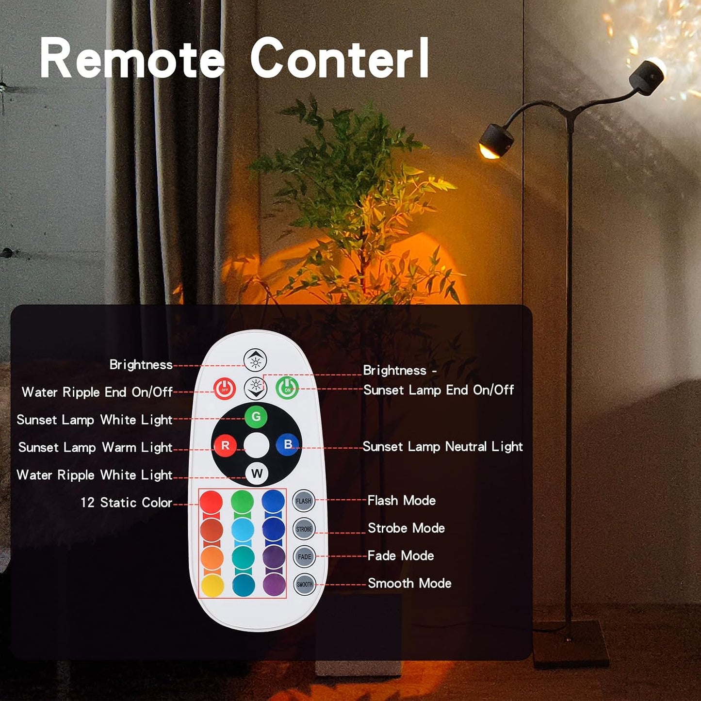 Sunset Lamp Projector Led Lights 3D Ocean Wave with Remote, 16 Colors Night Light 720° Rotation & Four Mode with American Standard Plug, Modern Floor Stand Night Light for Bedroom (White Double-End)