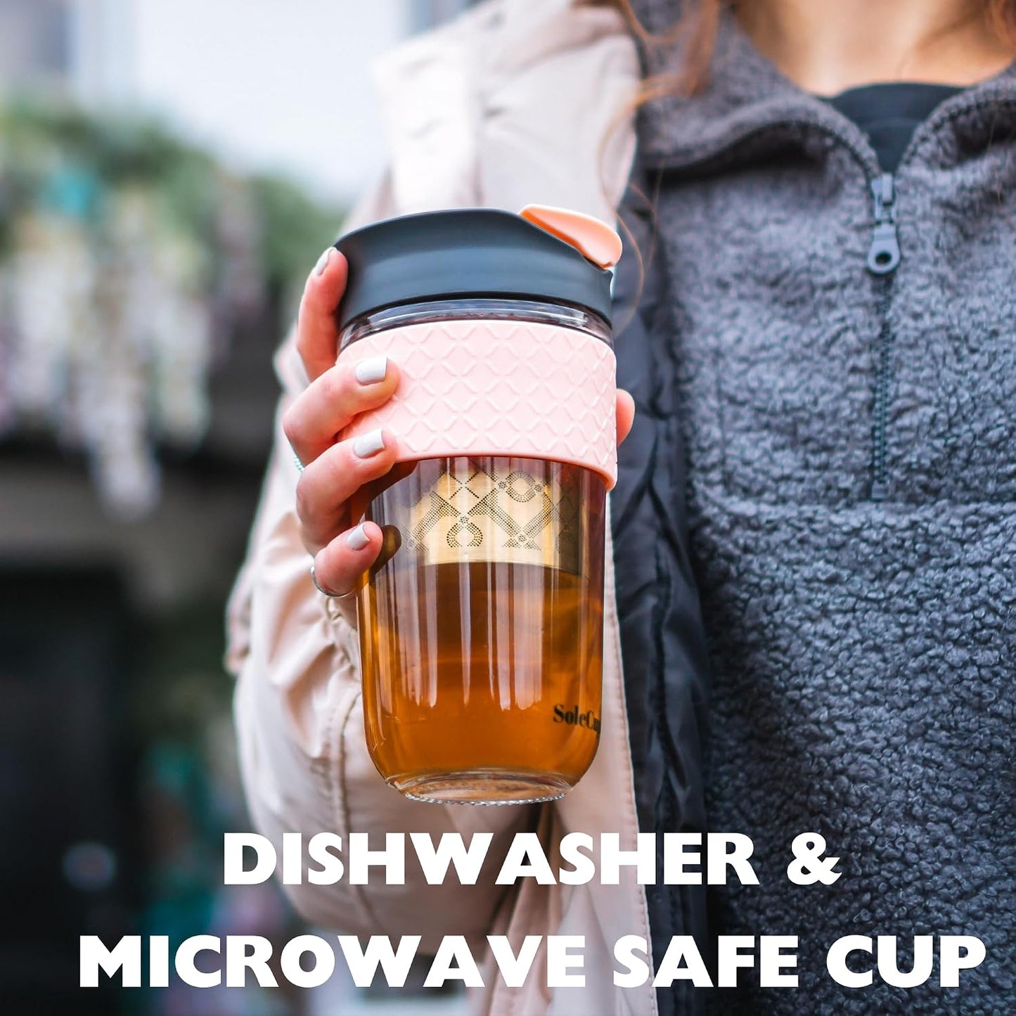 Large Travel Mug Loose Tea Infuser - Detachable Tea Strainer with Spill Proof Lid - 18oz/530ml BPA-Free Reusable Glass Travel Coffee Cup with Silicone Band (Ice Cream, 18oz)