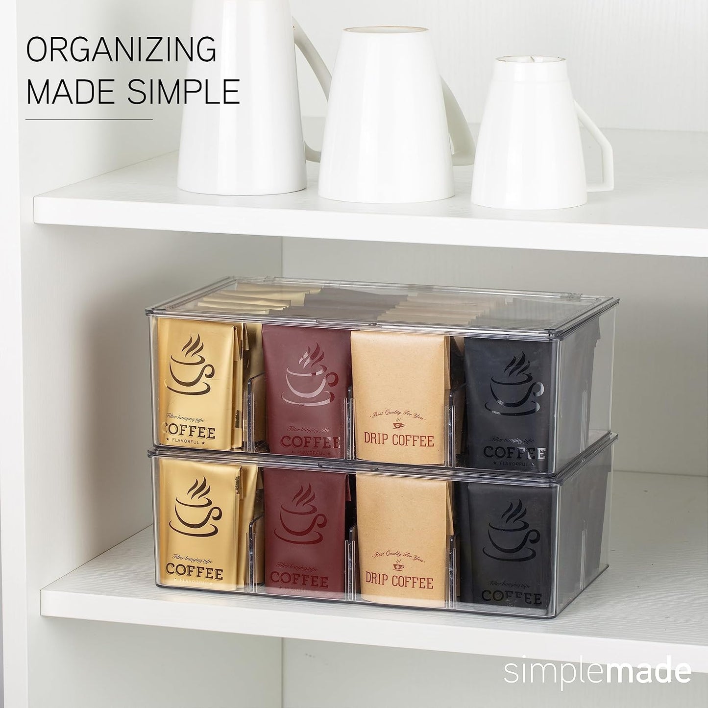SIMPLEMADE 2 Pk Clear Tea Bag Organizer - Tea Box Divided Storage Container Box with Hinge Lid for Kitchen Cabinet, Countertop, Pantry, Hold Coffee Pods, Seasoning Packets, Condiments (Set of 2)