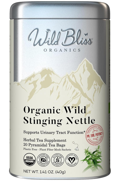 Wild Bliss Organic Wild Stinging Nettle Leaf Tea - Caffeine Free Urinary Tract Herbal Support - Pharmacopoeia Potency - 20 Plant Based Tea Bags