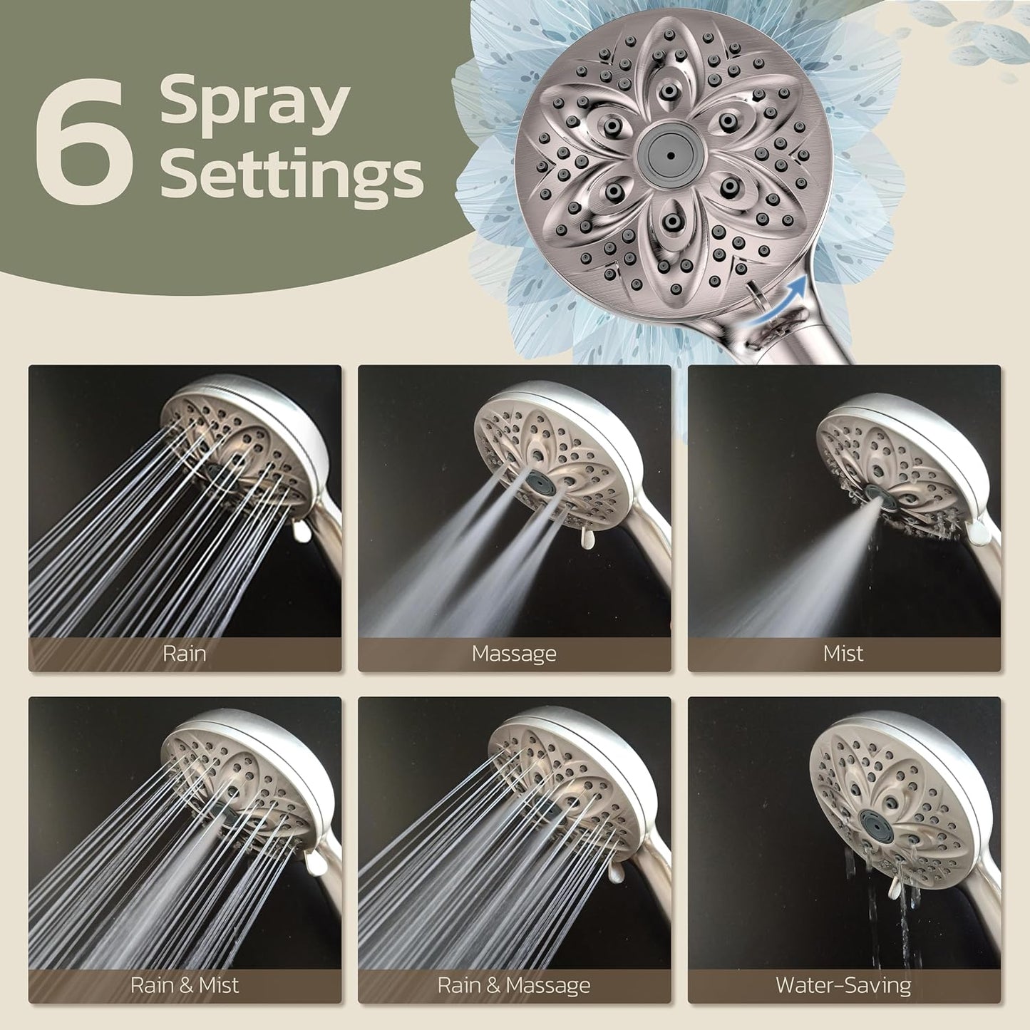 6-Setting Shower Head with Handheld, JDO High Pressure Hand held Shower Head, 4.7 Inch Chrome Detachable Showerhead Set with 59 Inch Stainless Steel Hose and Adjustable Showerhead Holder
