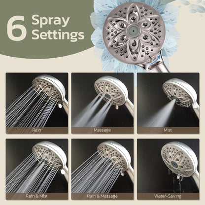 6-Setting Shower Head with Handheld, JDO High Pressure Hand held Shower Head, 4.7 Inch Chrome Detachable Showerhead Set with 59 Inch Stainless Steel Hose and Adjustable Showerhead Holder