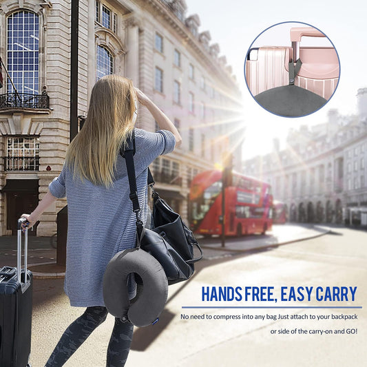 Travel Pillow Memory Foam for Airplanes - Neck Pillow for Traveling, Car, Home, Flight Pillow for Sleeping with Attachable Snap Strap Soft Washable Cover, Provide Head Neck Support Rest, Dark Gray