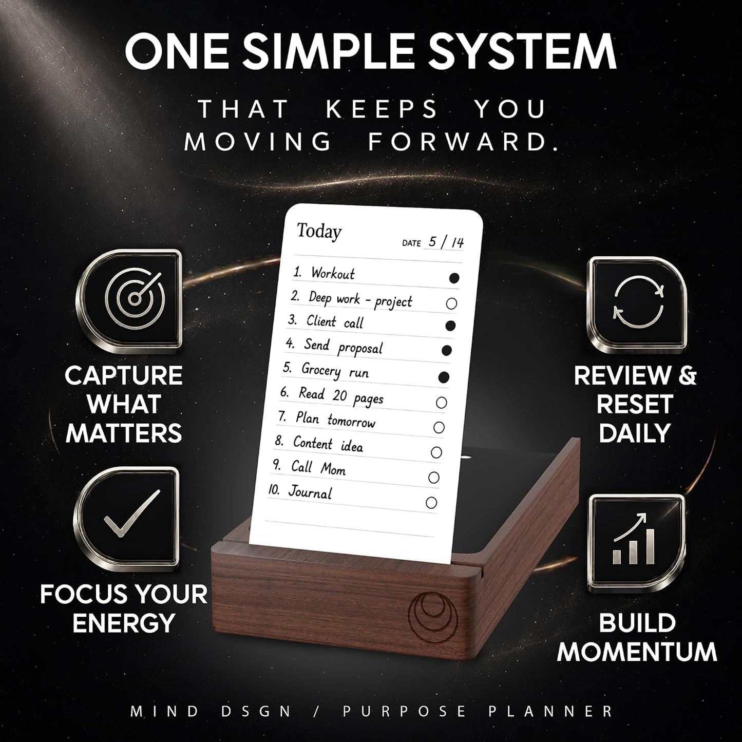 Daily Planner To Do List Notepad - Checklist & Goal Cards for ADHD Focus - Walnut Display + Planner Cards