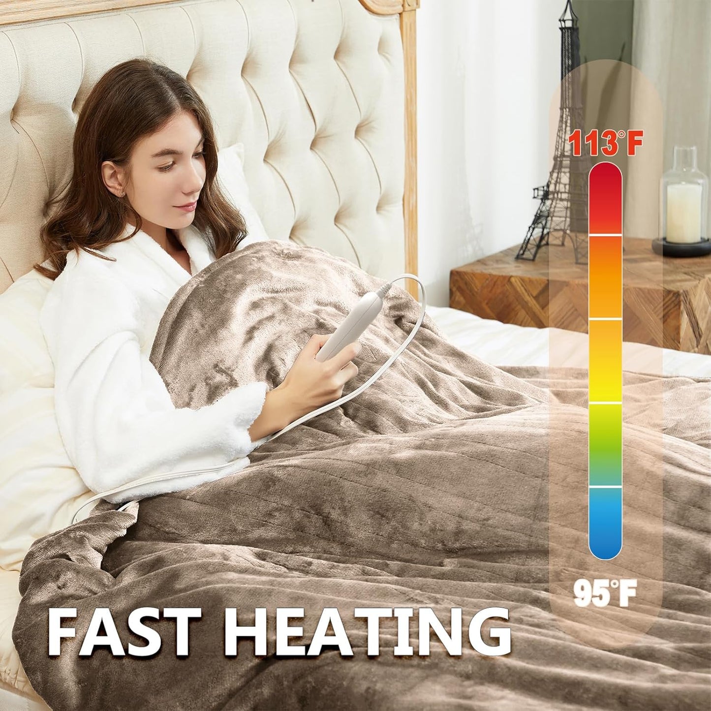 Tefici Heated Blanket Throw 50"x60", Ultra Soft 2-Layer Flannel Electric Blanket, for Home Office Sofa,3 Heat Settings, 4H Auto Off, ETL FCC Certified, Overheat Protection, Machine Washable, Camel
