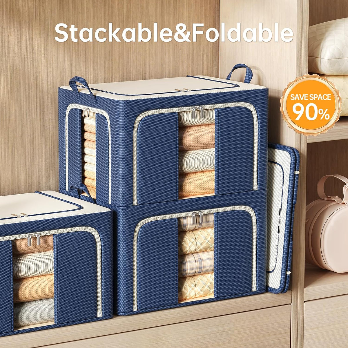 Clothes Storage Bins with Metal Frame Foldable Storage Box Clothes Organizers Storage Containers for Clothes Sheets Blankets Books Toys Gifts and Holiday Decorations (66Lx3 Pack)