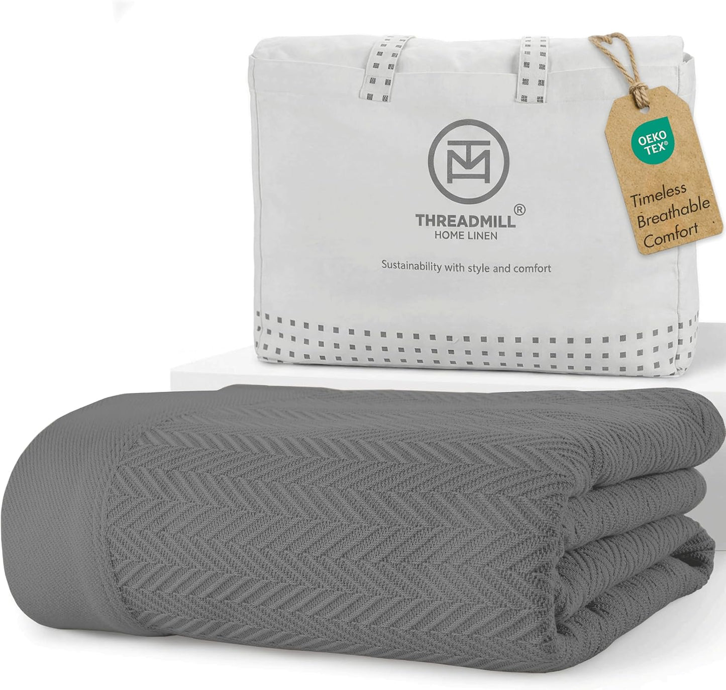 Threadmill Travel Blanket Cotton Viscose from Bamboo - Airplane Premium Soft Flight Grey Throw Blanket in Cloth Bag (Grey Color) Compact & Portable Blanket for Travel, Car, Picnic & Camping