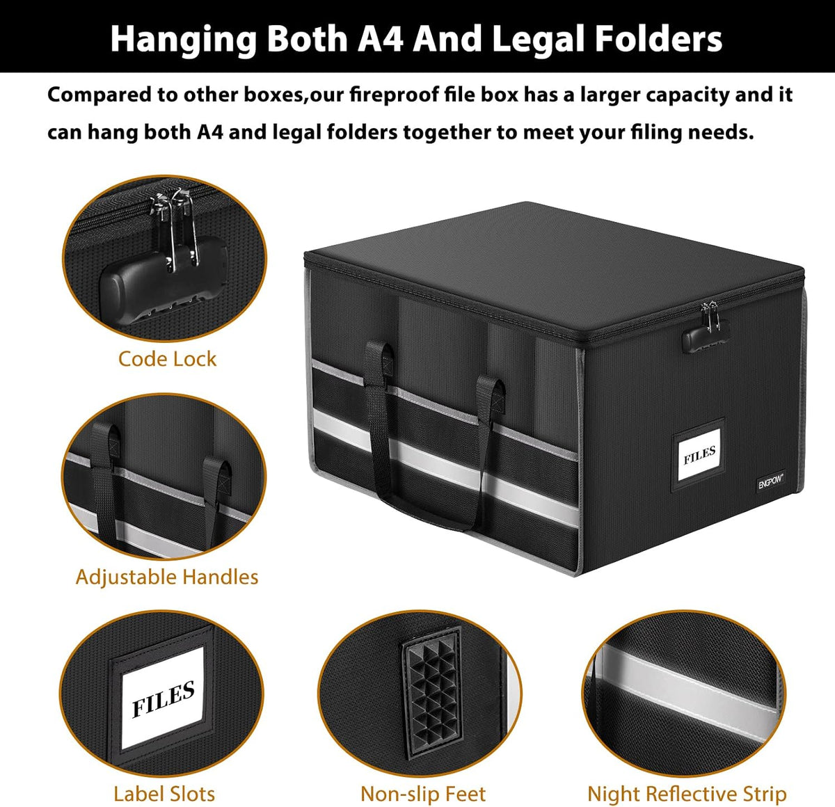 ENGPOW Large Fireproof Document Box with Lock＆Multi Pockets, 19"x16"x11"