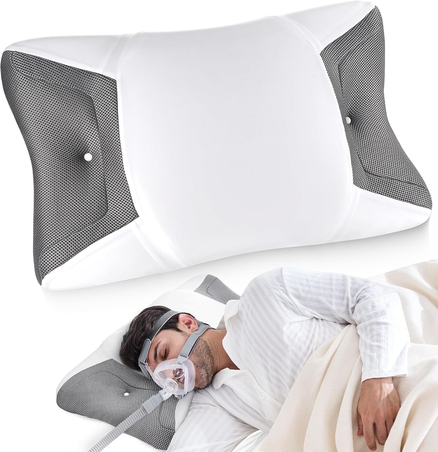 CPAP Pillow for Side Sleeping, HSA/FSA Sleep Apnea Pillow for All CPAP Masks Users to Reduce Air Leaks, Masks Pressure, Memory Foam with Cooling & Breathable Pillowcase for Side Back Sleeper