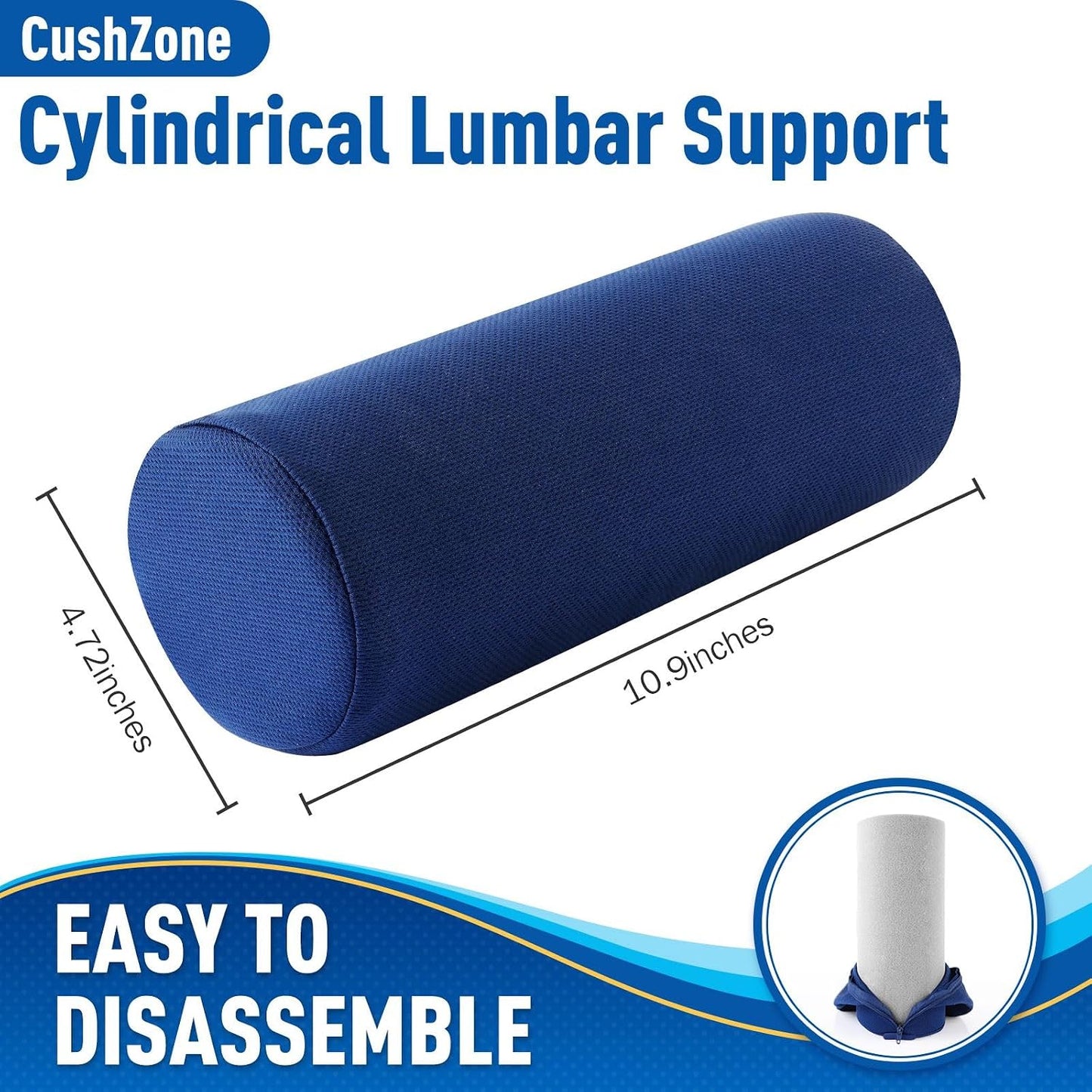 CushZone Lumbar Roll Support Pillow for Office Chair, Car, Gaming Chair, Memory Foam Back Cushion with Washable Cover for Relieving Back Pain & Improving Posture,Black