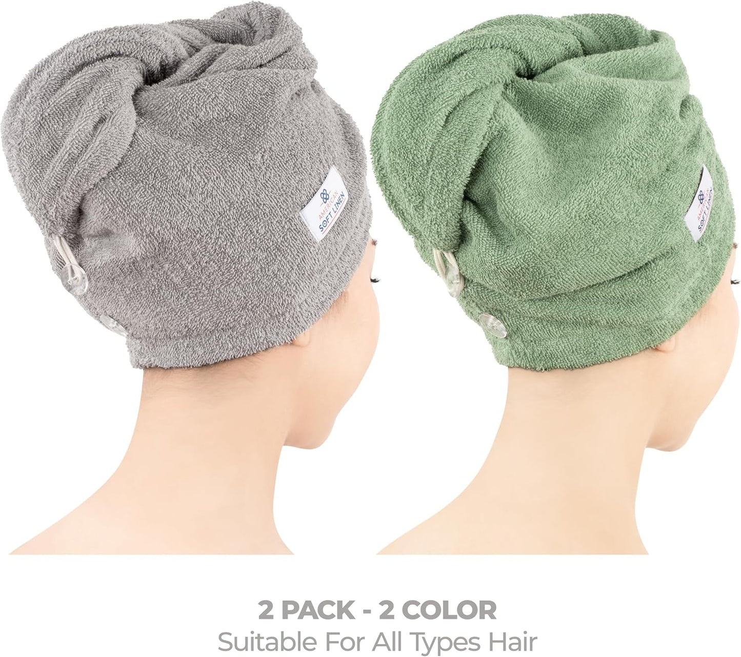American Soft Linen 100% Cotton Hair Towels for Women, Head Towel Cap, Cotton Hair Turban Towel Wrap for Long Curly Anti Frizz Hair, Soft and Absorbent Cotton Hair Towels 2 Pack, White