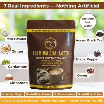 T2GO Unsweetened Ginger Chai Tea Latte Powder – No Added Sugar, 5 oz | Bold adrak ginger chai, unsweetened — real milk & spices built in, 45 cal, 0g added sugar